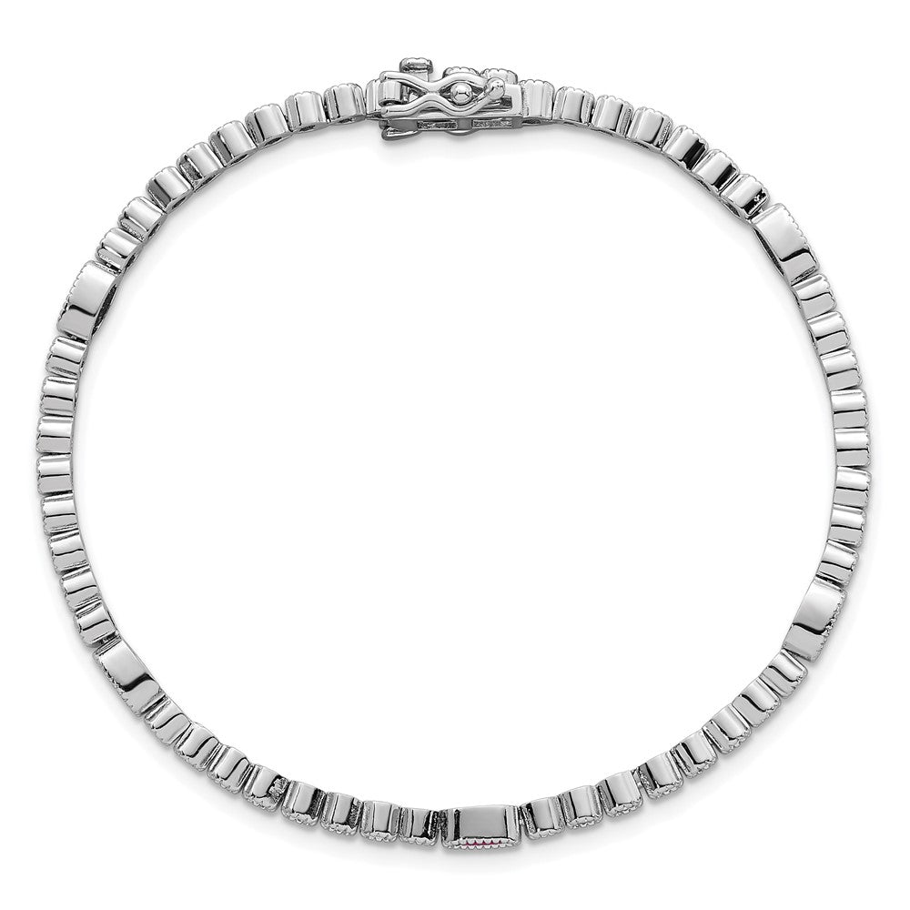 Sterling Silver Rhodium-plated Polished and Beaded Fancy Oval Red and Round White CZ 7 Inch Bracelet