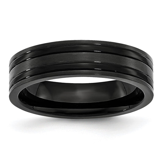 Titanium Brushed and Polished Black IP-plated 6mm Grooved Band Size - 7.5