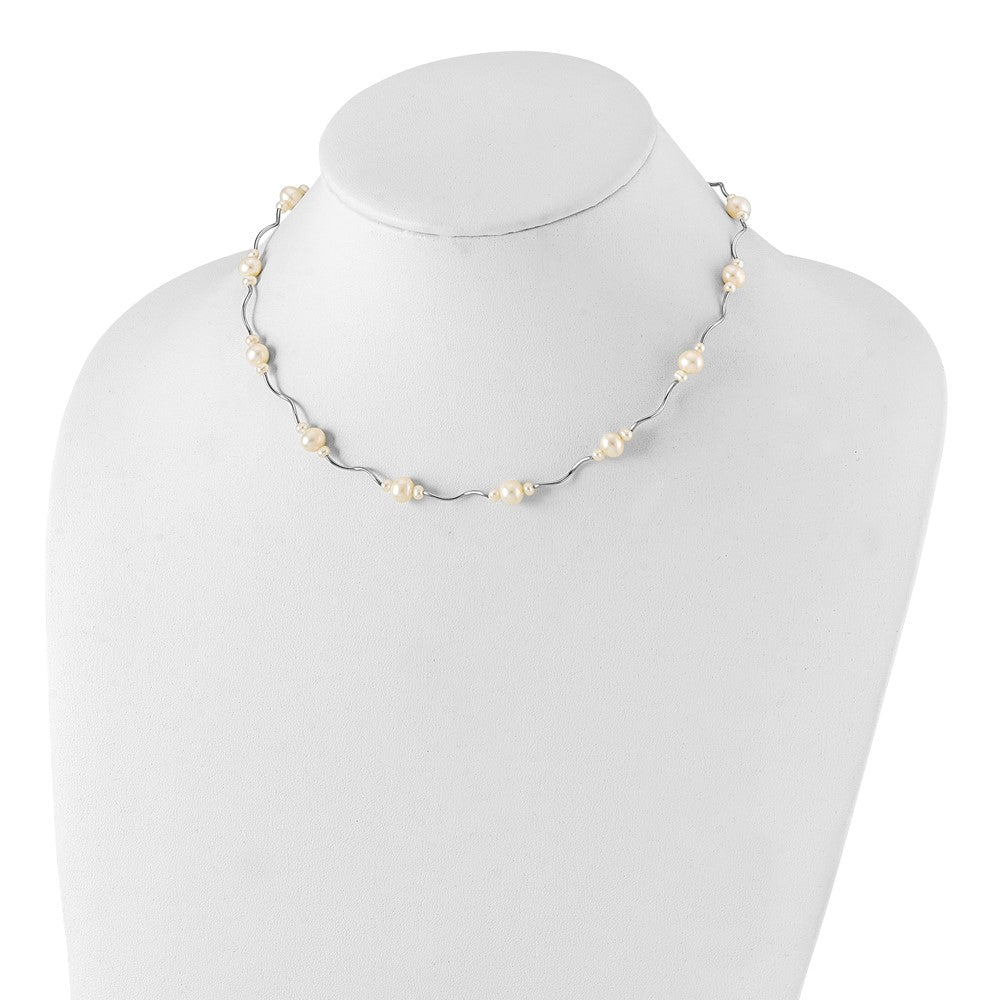 Sterling Silver Rhodium-plated 3-7mm White Near-Round Freshwater Cultured Pearl 13-Station 16 inch with 2.5 inch Extension Necklace 16 Inches