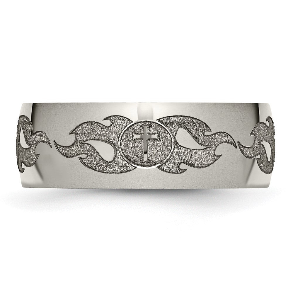 Titanium Polished Cross w/Flames Laser Design 8mm Band Size - 7