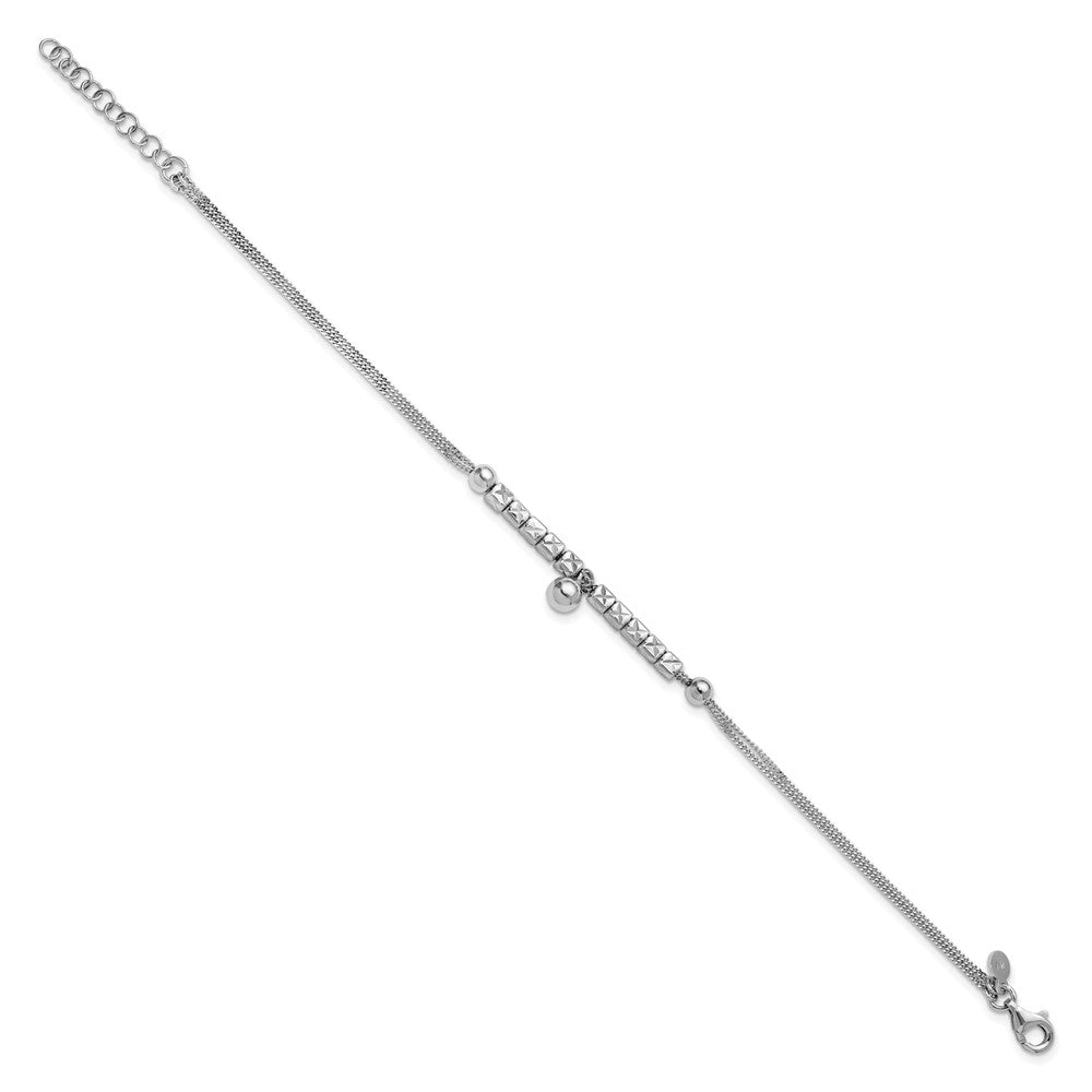 Sterling Silver RH-plat Pol. Fancy 2-strand w/1in ext. Bracelet 8  inches