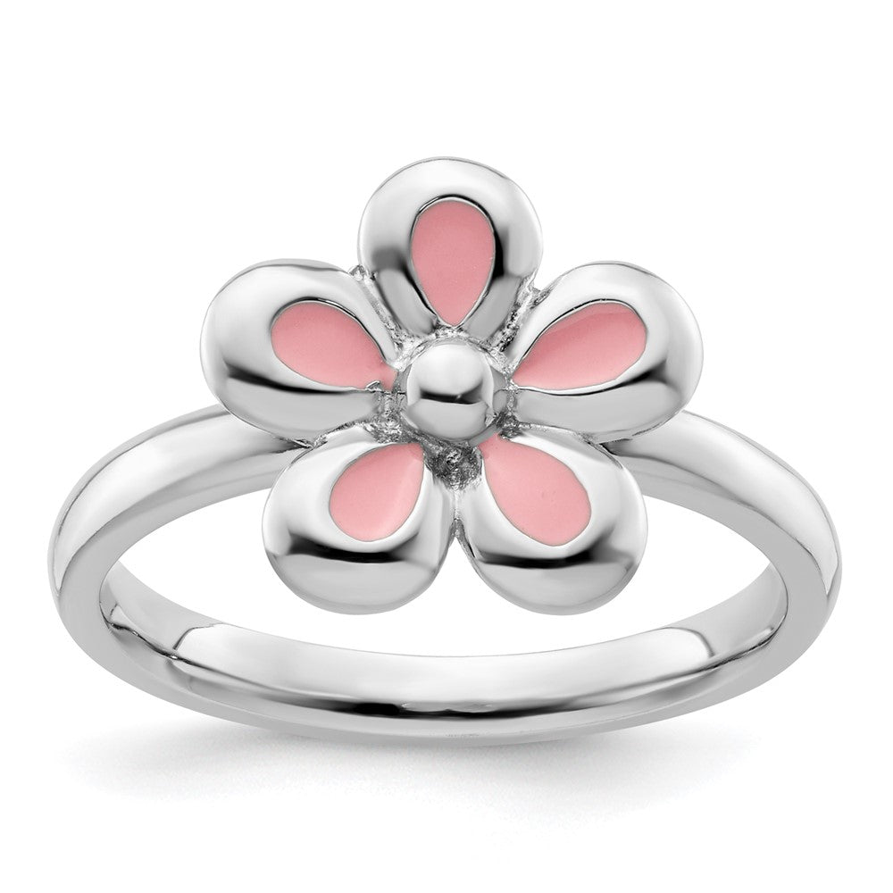 Sterling Silver Stackable Expressions Polished Pink Enameled Flower Ring Size -10