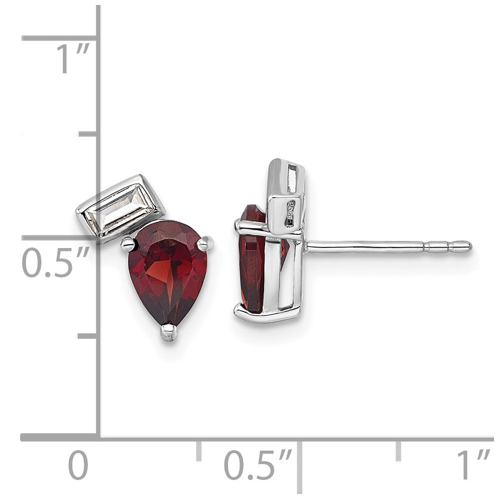 Sterling Silver Rhodium-plated Polished Pear Garnet and Emerald-cut White Topaz Post Earrings