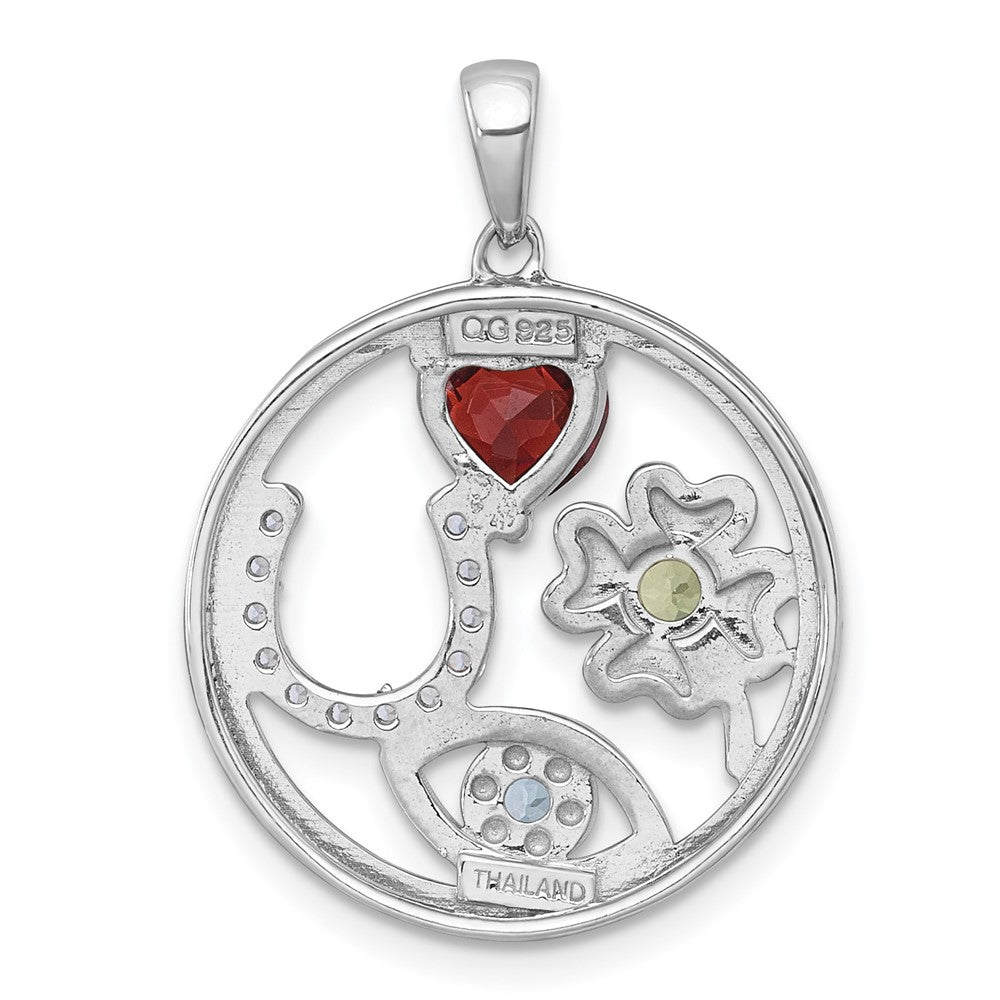 Sterling Silver Rhodium-plated Polished Garnet, Peridot and Light Swiss Blue and White Topaz Good Luck Pendant