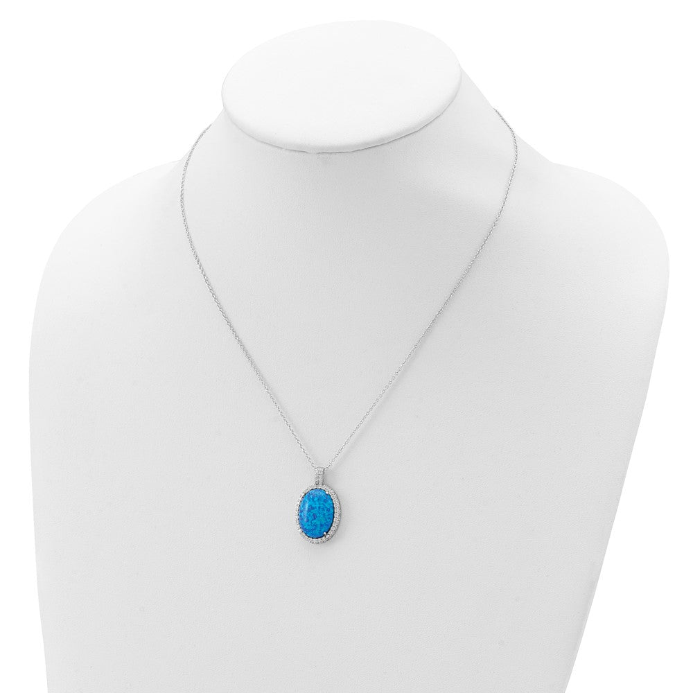 Cheryl M Sterling Silver Rhodium-plated Cabochon Lab Created Blue Opal and Brilliant-cut CZ Oval 18.5 Inch Necklace 18.5 Inches