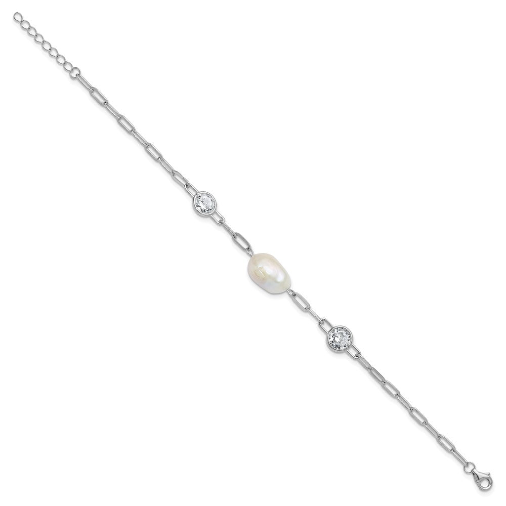 Cheryl M Sterling Silver Rhodium-plated Polished Freshwater Cultured Pearl and CZ Link with .75 Inch Extension Bracelet