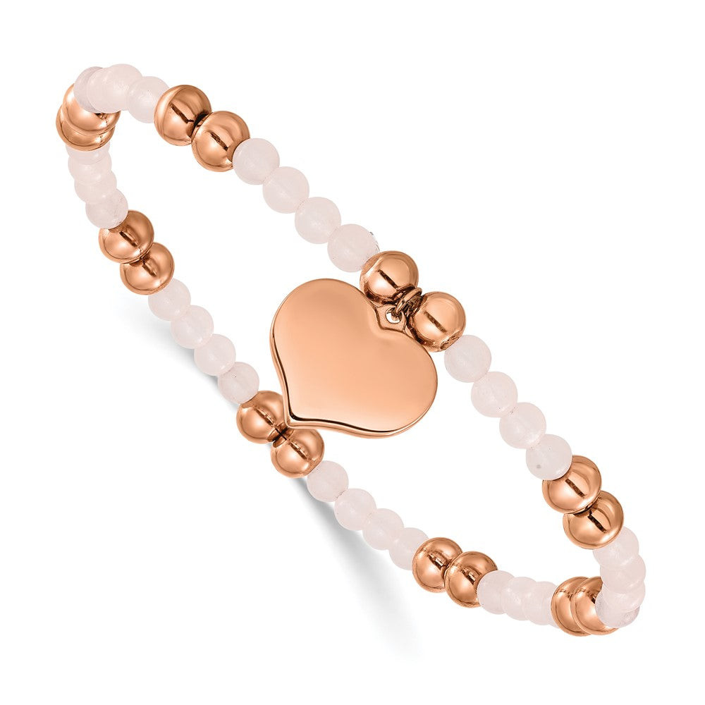 Chisel Stainless Steel Polished Rose IP-plated Heart Dangle 6mm Pink Quartz Beaded 7.75 inch Stretch Bracelet 8 inches
