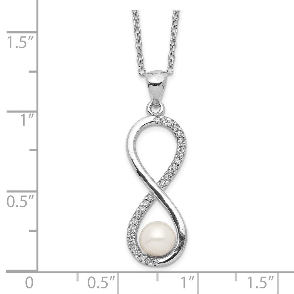 Sterling Silver Rhodium-plated 5-6mm White Round Freshwater Cultured Pearl and CZ Infinity 17 inch Necklace 17 Inches
