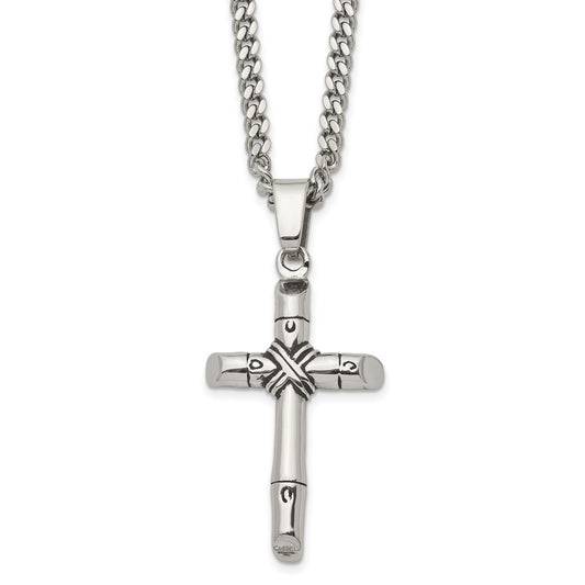 Stainless Steel Antiqued and Polished Reversible Cross 24in Necklace