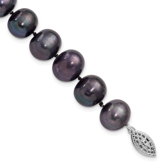 Sterling Silver Rhodium-plated 10-11mm Black Near-Round Freshwater Cultured Pearl 7.25 inch Bracelet 7.25 inches