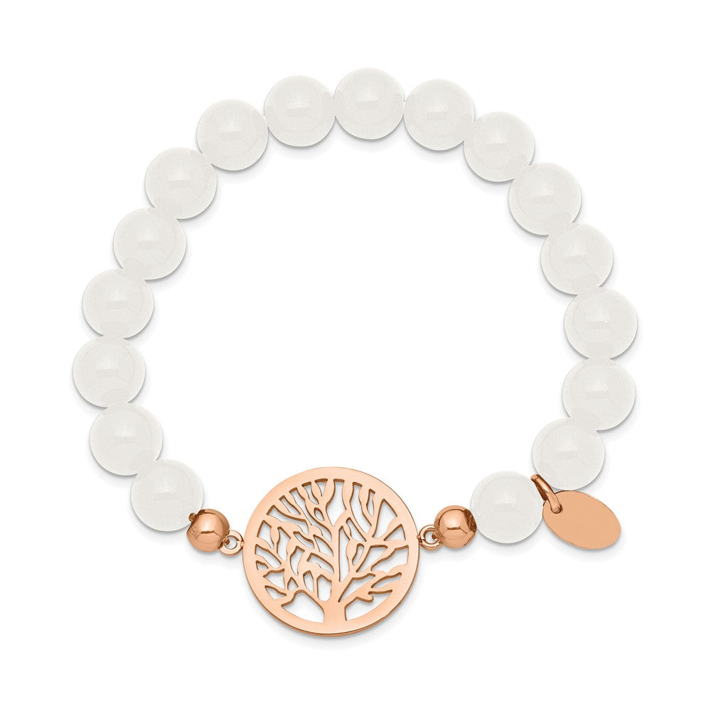 Stainless Steel Polished Rose IP-plated Tree White Jade Stretch Bracelet 6 inches