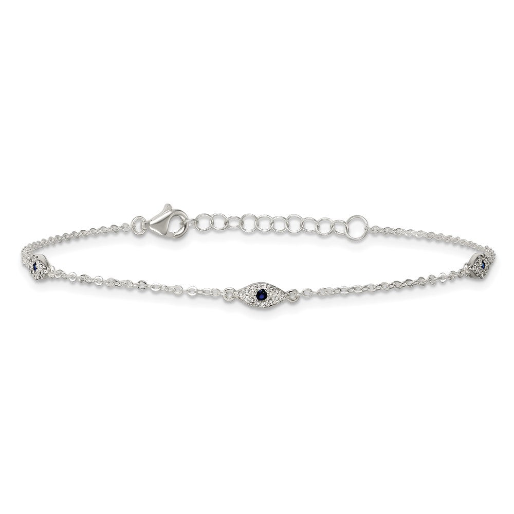 Sterling Silver Polished Blue and White CZ Evil Eye 7 Inch with 1 Inch Extension Bracelet