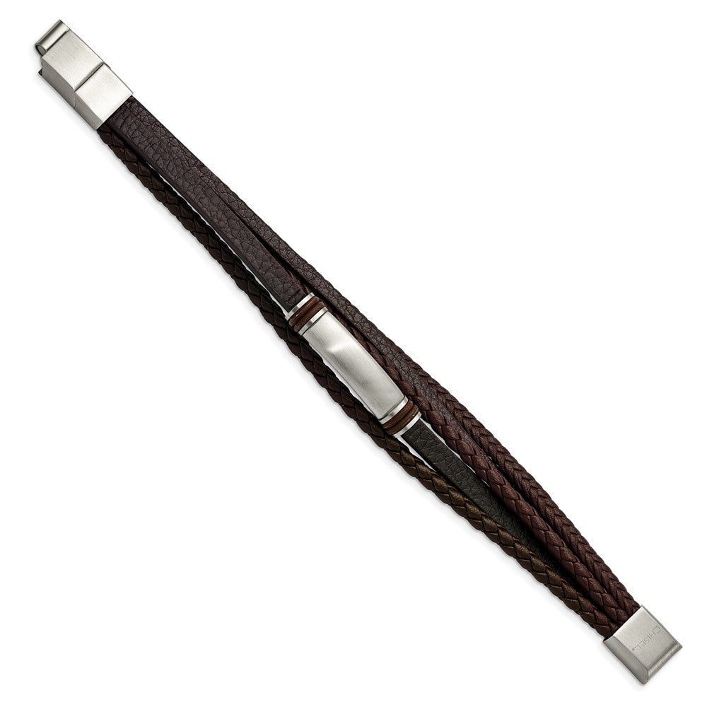 Stainless Steel Brushed Brown PU Leather & Rubber 8in w/.5in ext Bracelet 8 inches