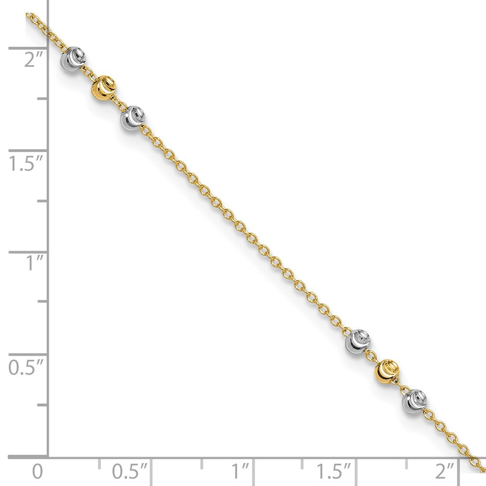 14K Two-tone Polished Diamond-cut Beaded 9in Plus 1 in ext. Anklet
