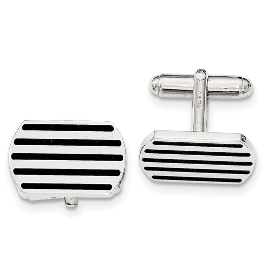 Men's Sterling Silver & Black Rubber Polished Striped Cuff Links