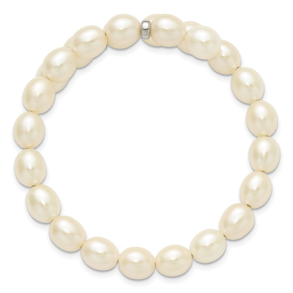 Sterling Silver Rhodium-plated 7-8mm White Rice Freshwater Cultured Pearl Flexible 7.5 inch Bracelet 7.5 inches