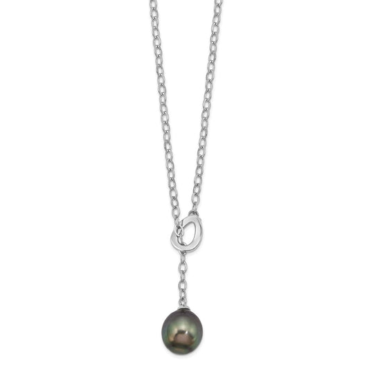 Sterling Silver Rhodium-plated 9-10mm Black Teardrop Tahitian Saltwater Cultured Pearl Slide 19.5 inch Necklace 19.5 Inches