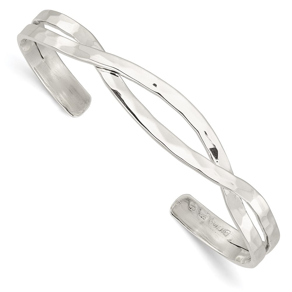 Sterling Silver Polished Hammered Criss Cross Cuff Bangle 7.5 inches