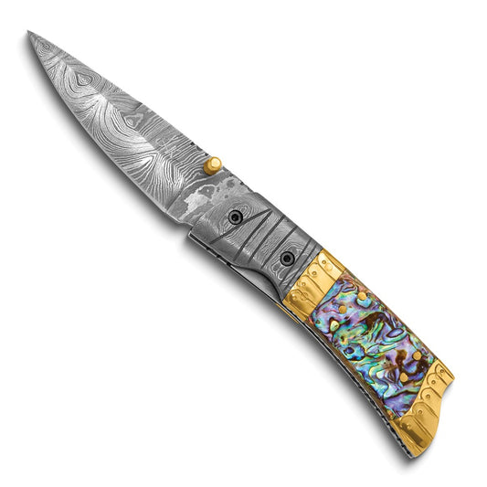 Luxury Giftware by Jere Damascus Steel 256 Layer Folding Blade Genuine Abalone Shell Handle Knife with Leather Sheath and Wooden Gift Box
