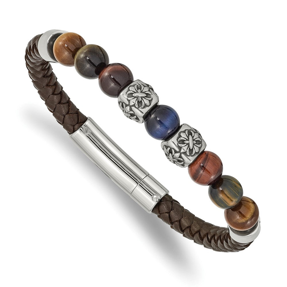 Stainless Steel Antiqued & Polished MultiColor Tiger's Eye Leather Bracelet 8.5 inches