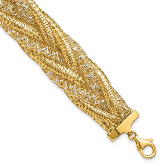 14K w/Rhodium Braided Mesh Stretch Bracelet 7  inches