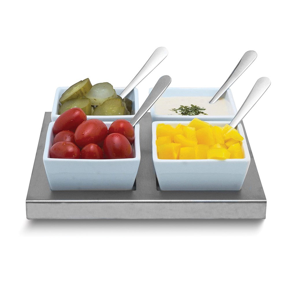 Ceramic White Bowl 9 Piece Serving Set with Stainless Steel Tray