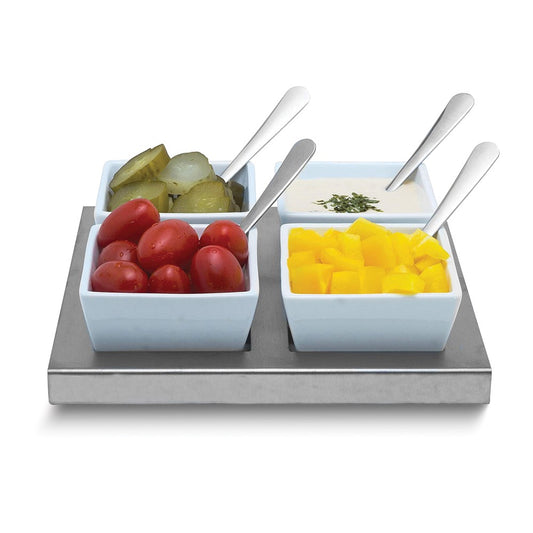 Ceramic White Bowl 9 Piece Serving Set with Stainless Steel Tray