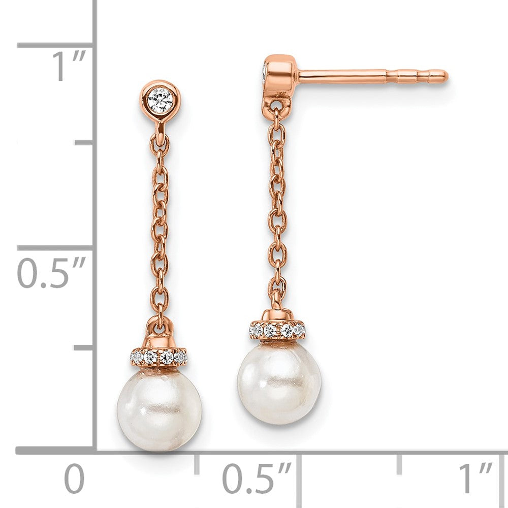 14K Rose Gold Polished 1/10 Carat Diamond & White Freshwater Cultured Pearl Chain Dangle Post Earrings