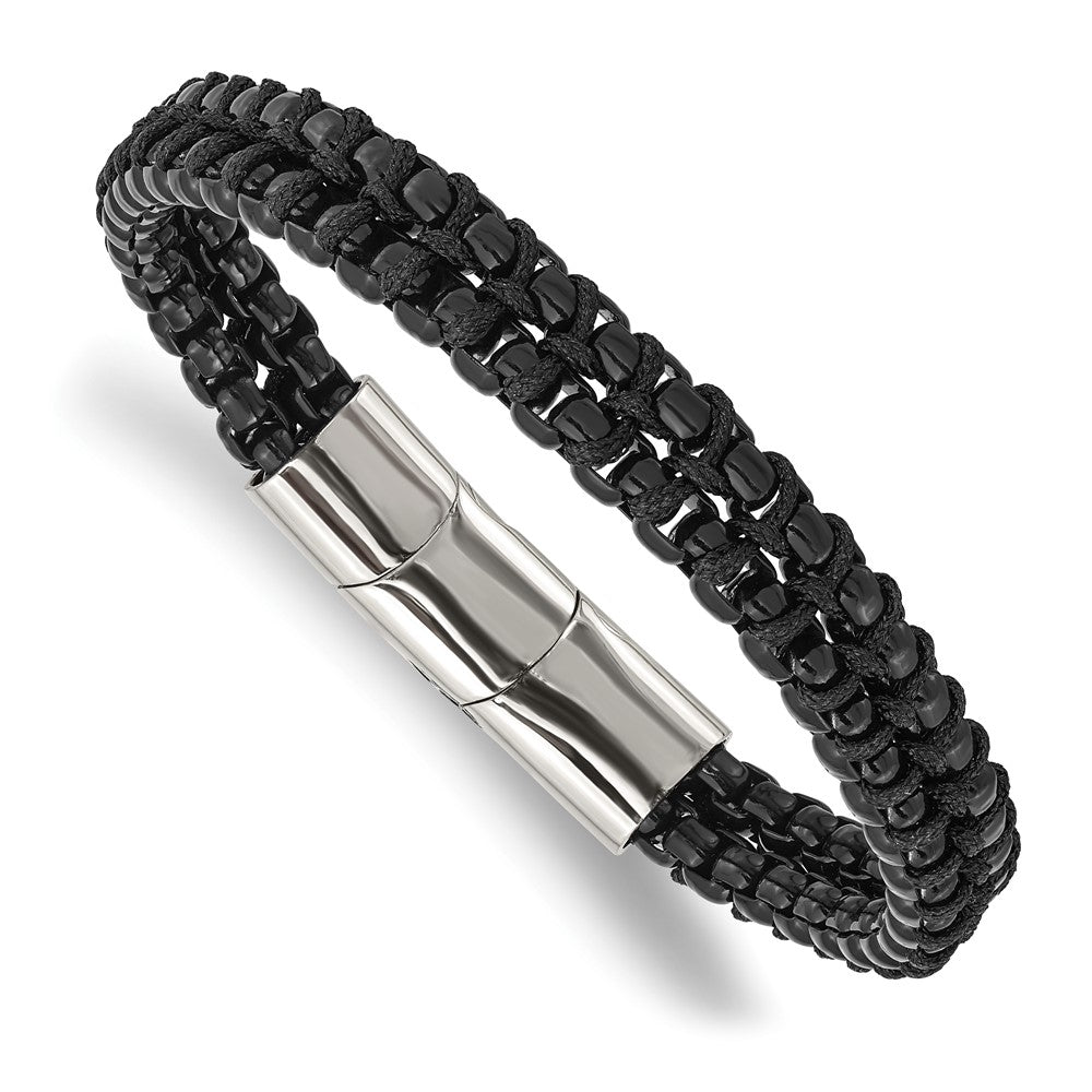 Stainless Steel Polished Black IP w/Black Cotton 8.5in w/.5in ext Bracelet 8.5 inches