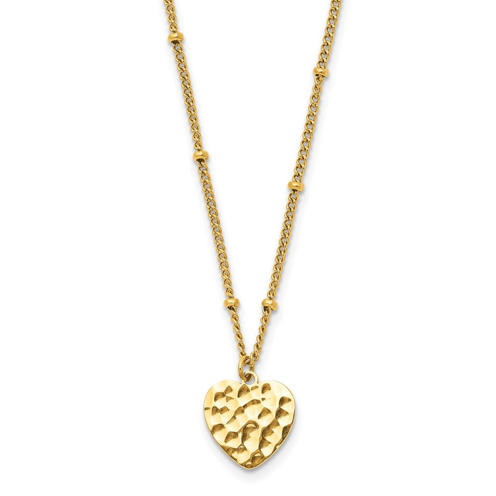 Stainless Steel Polished Hammered Yellow IP Heart 15in w/2in ext. Necklace