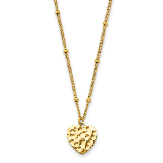 Stainless Steel Polished Hammered Yellow IP Heart 15in w/2in ext. Necklace