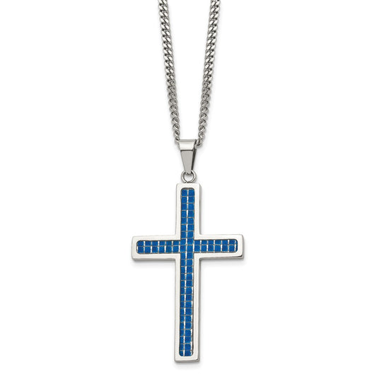 Stainless Steel Polished w/Blue Carbon Fiber Inlay Cross 22in Necklace