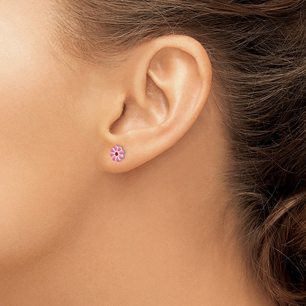 Sterling Silver Madi K Polished Pink & Red Enameled Flower Children's Post Earrings