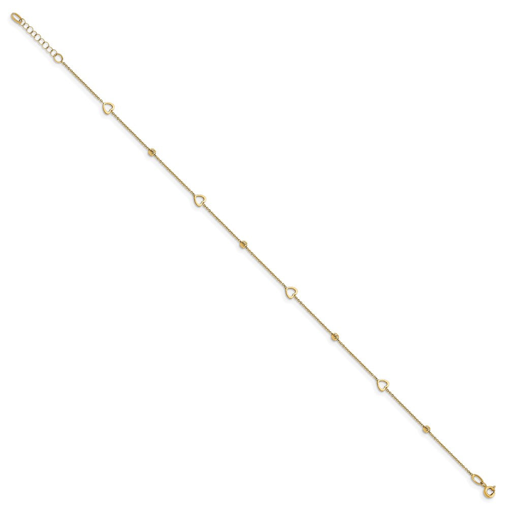 14K Polished and D/C Heart w/1in ext. Anklet