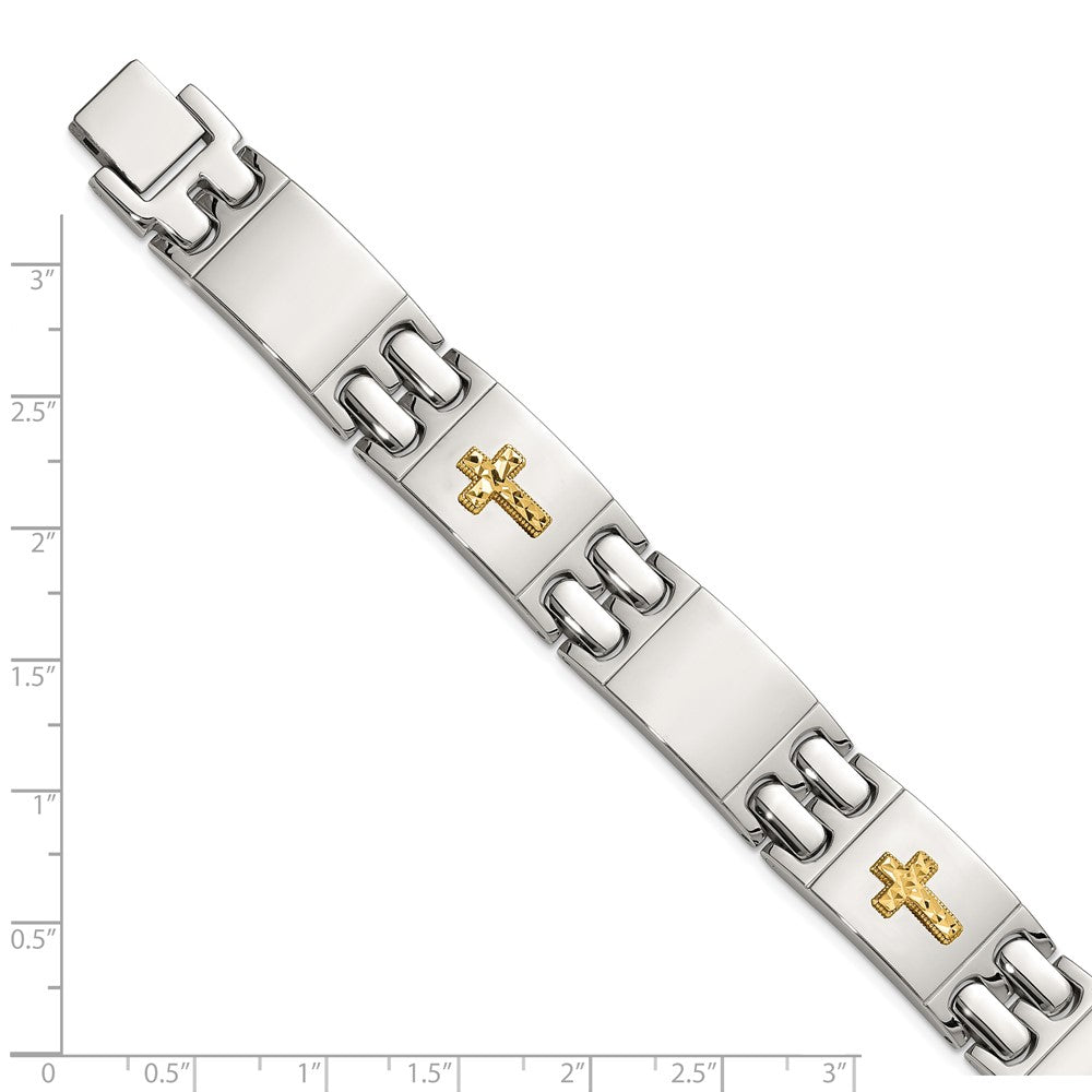 Chisel Stainless Steel Polished with Diamond-cut 14K Gold Accent Cross 8 inch Link Bracelet 8 inches