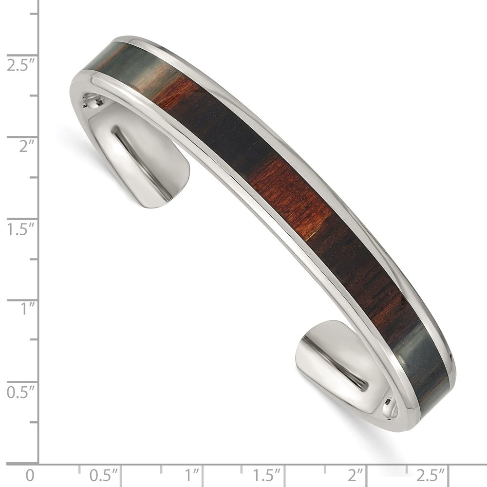 Stainless Steel Polished w/Enameled Koa Wood Inlay Bangle 7.25 inches