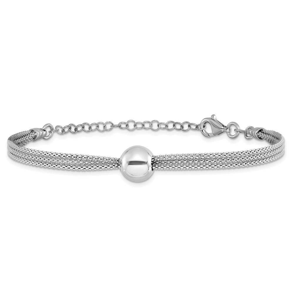 Sterling Silver RH-plt Polished 3-Strand Bead w/2in ext. Bracelet 9  inches