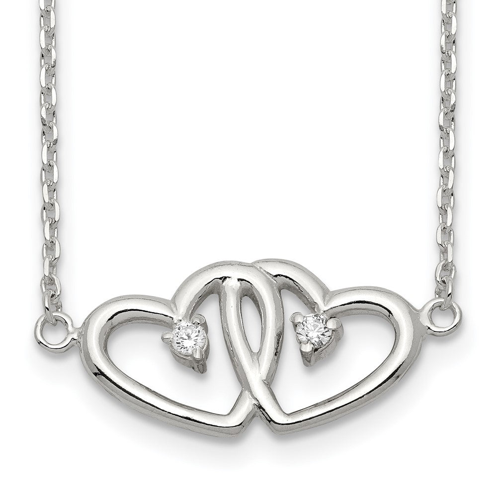 Sterling Silver Polished Two Hearts CZ Necklace 18 Inches