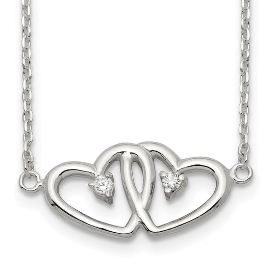 Sterling Silver Polished Two Hearts CZ Necklace 18 Inches
