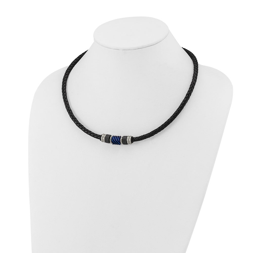 Stainless Steel Brushed/Polished Blk/Blue IP Blk Rubber Leather Neck
