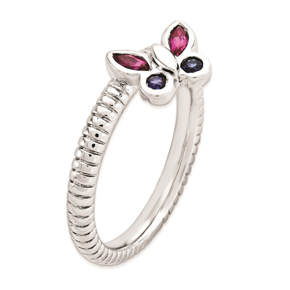 Sterling Silver Stackable Expressions Cr. Ruby, Cr. Sapphire Butterfly Ring