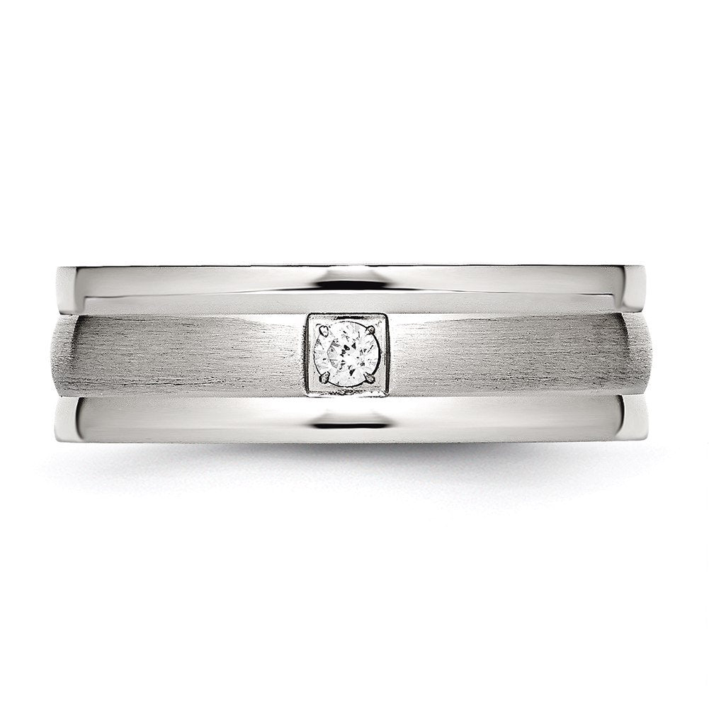 Stainless Steel Polished w/Brushed Center CZ 7mm Grooved Band Size - 10