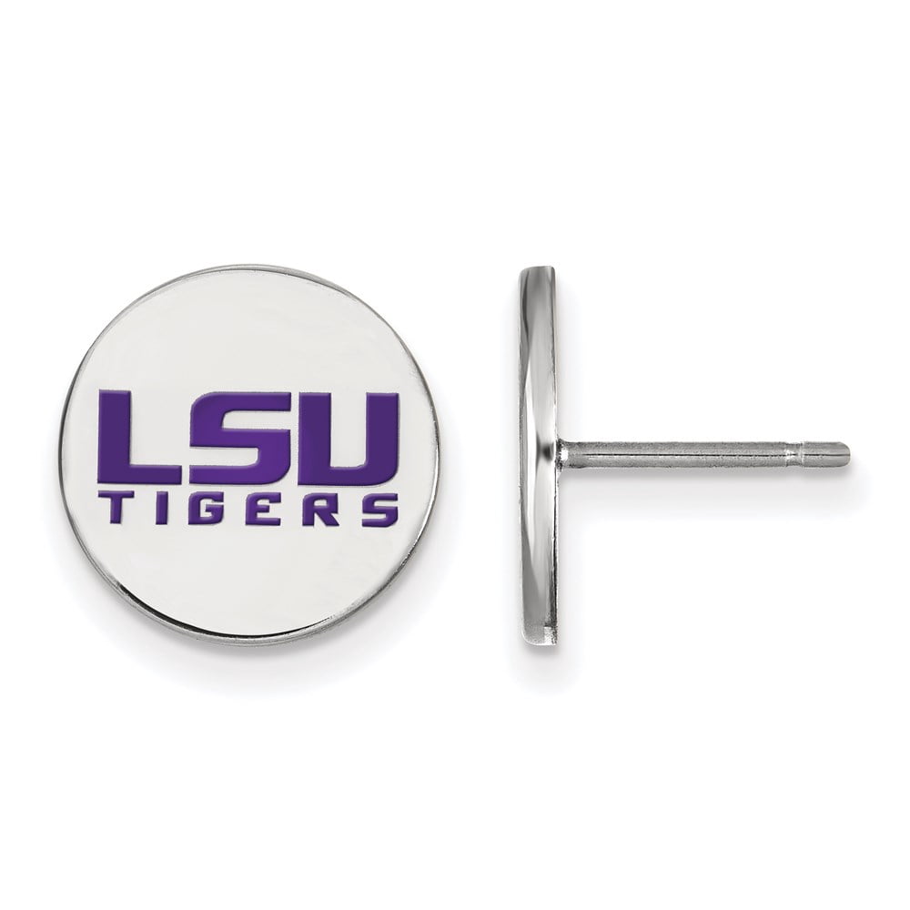 Sterling Silver Rhodium-plated LogoArt Louisiana State University L-S-U Tigers Small Enameled Disc Post Earrings QSS060LSU