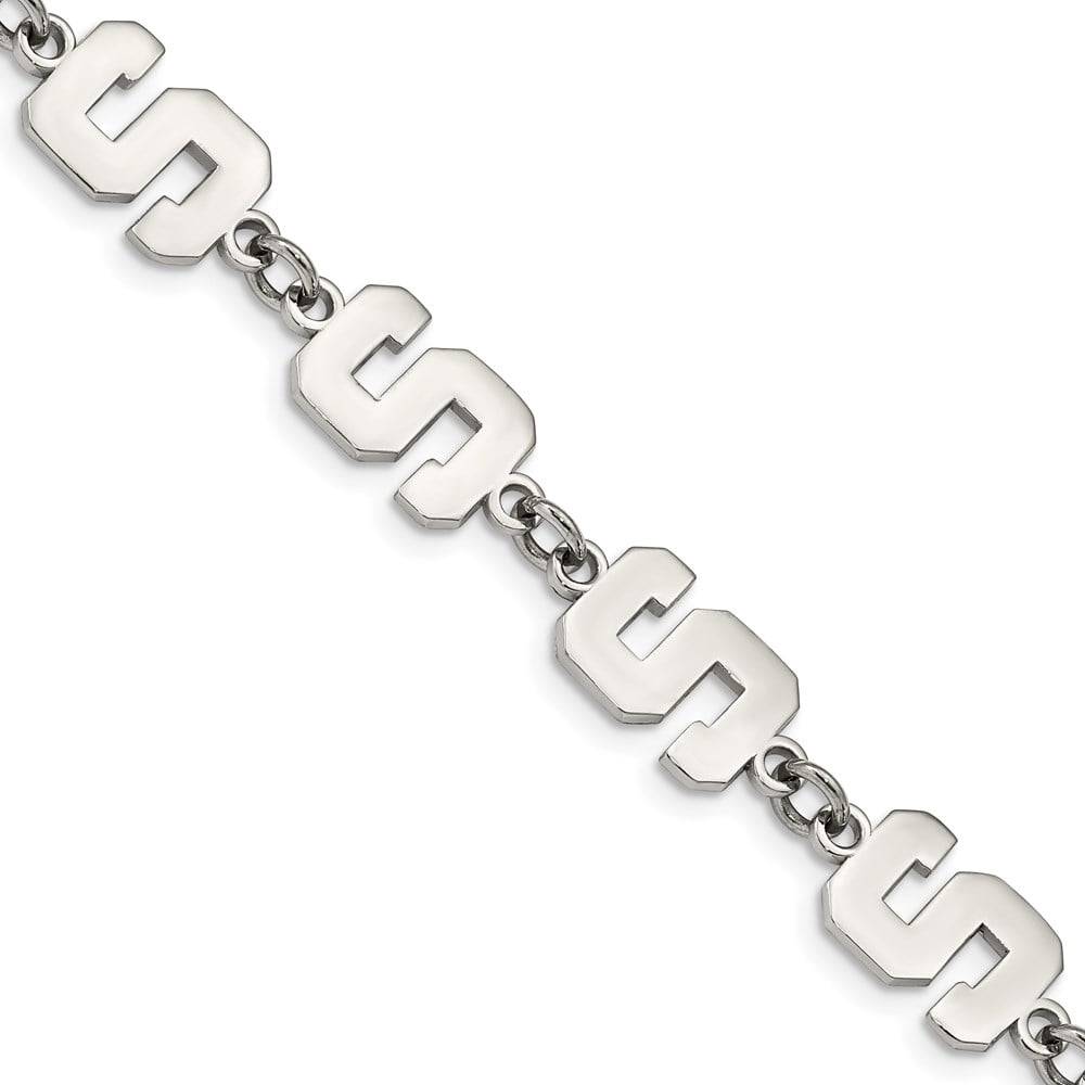 Stainless Steel LogoArt Michigan State University Letter S Links 7 inch Bracelet with 1.5 inch Extender QST515MIS