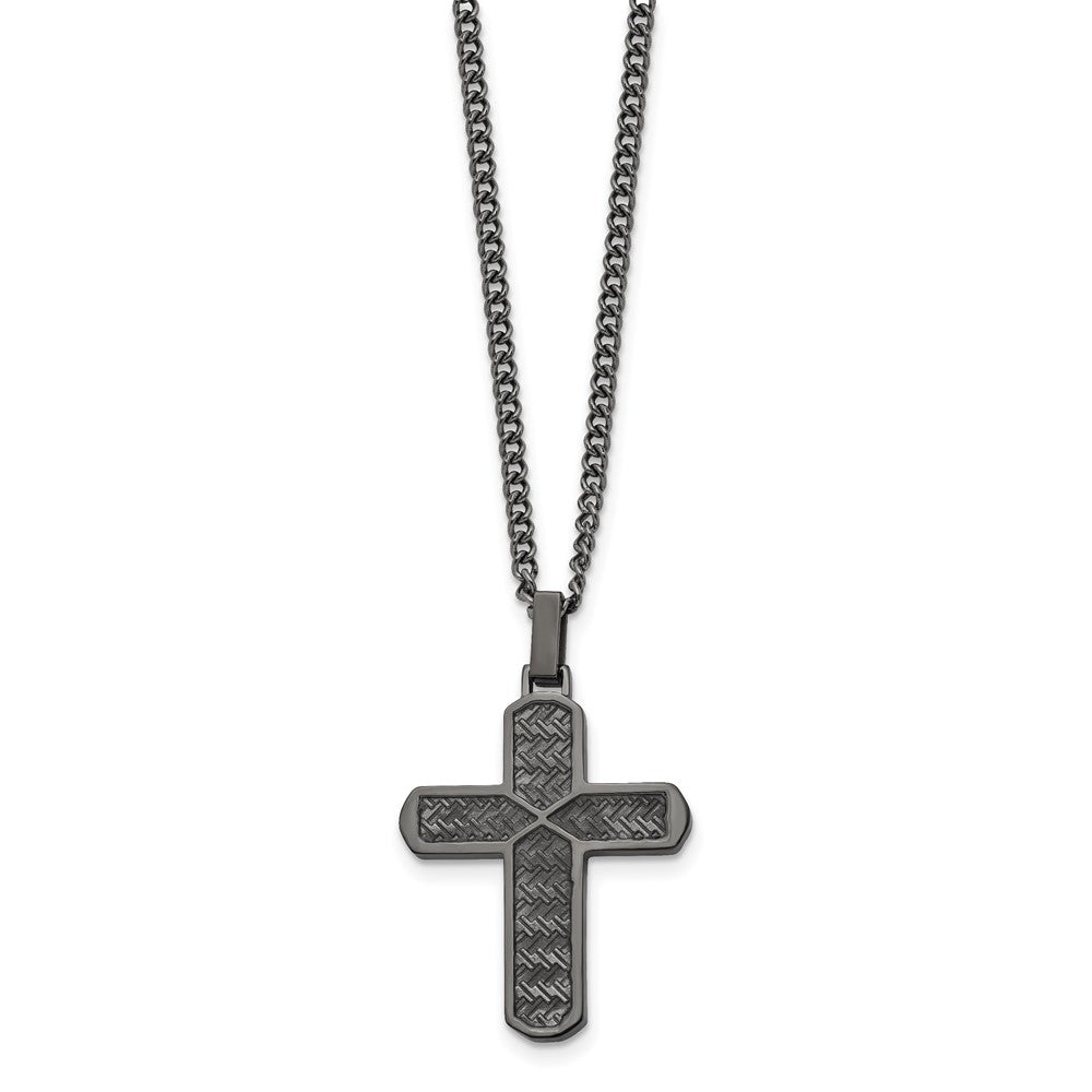 Stainless Steel Polished and Textured GunMetal IP Cross 22in Necklace