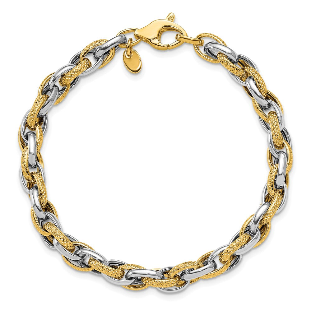 14K Two-tone Polished and Textured Fancy Link Bracelet 7.5  inches