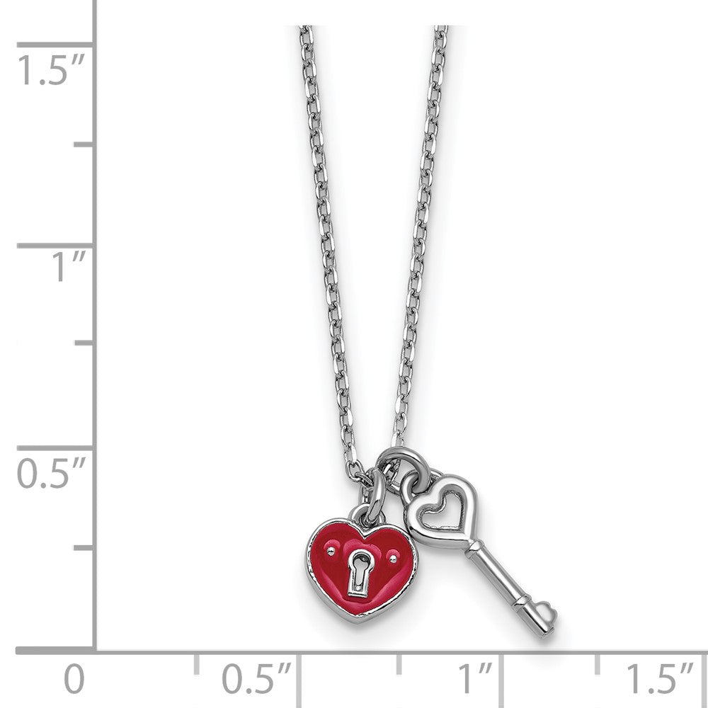 Sterling Silver Rhod-plat Enamel Heart Lock w/Key 16in w/1in ext Necklace 16 Inches