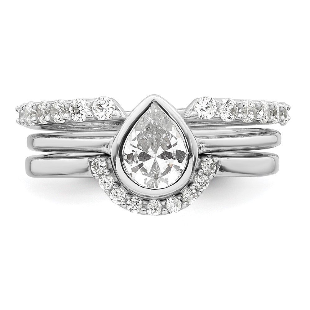 Sterling Silver Rhodium-plated Polished Pear Shape White CZ Ring with 2 Fitted CZ Bands Size 7 Three Ring Set