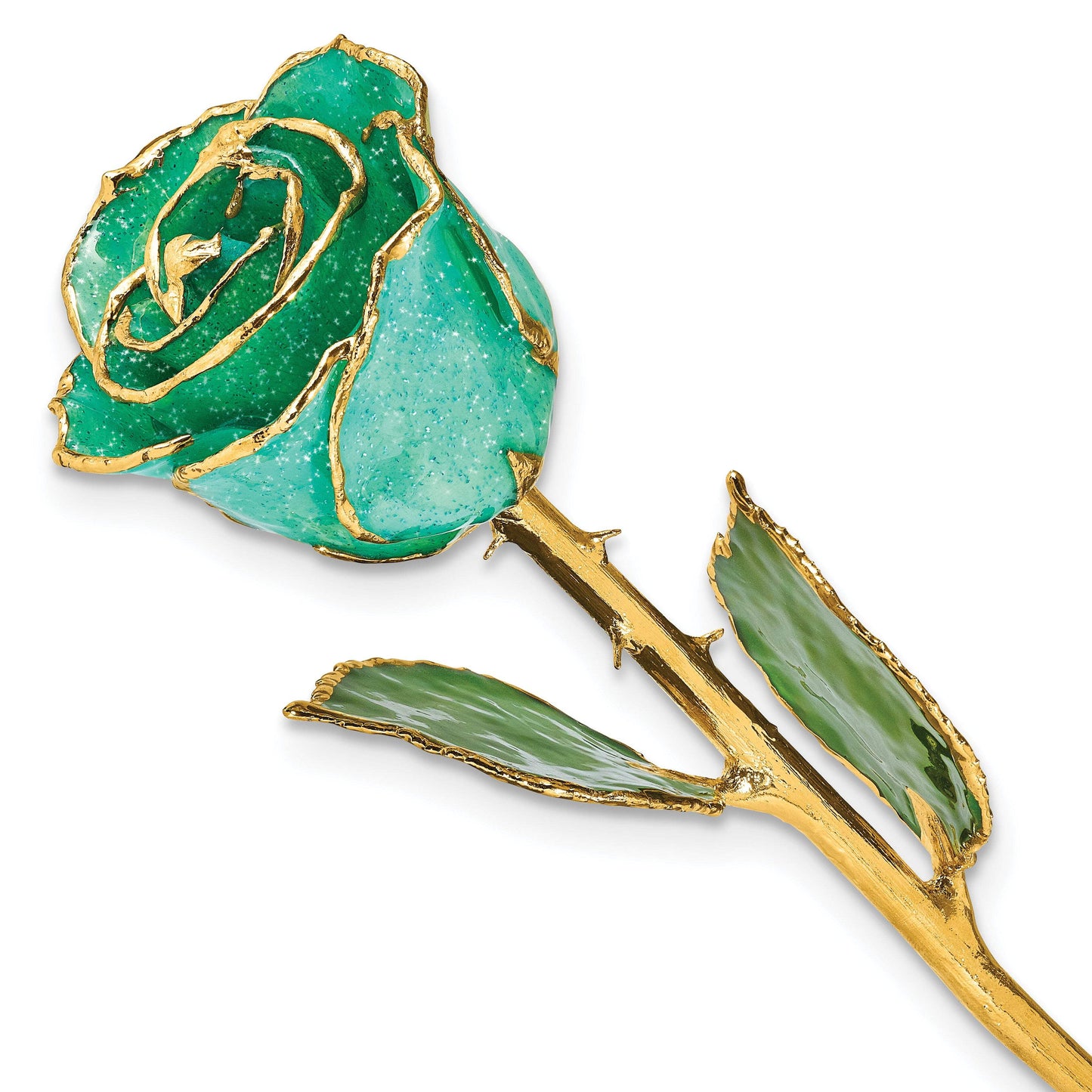 Monet Green Lacquer Dipped Gold Trimmed with Glitter Real Rose