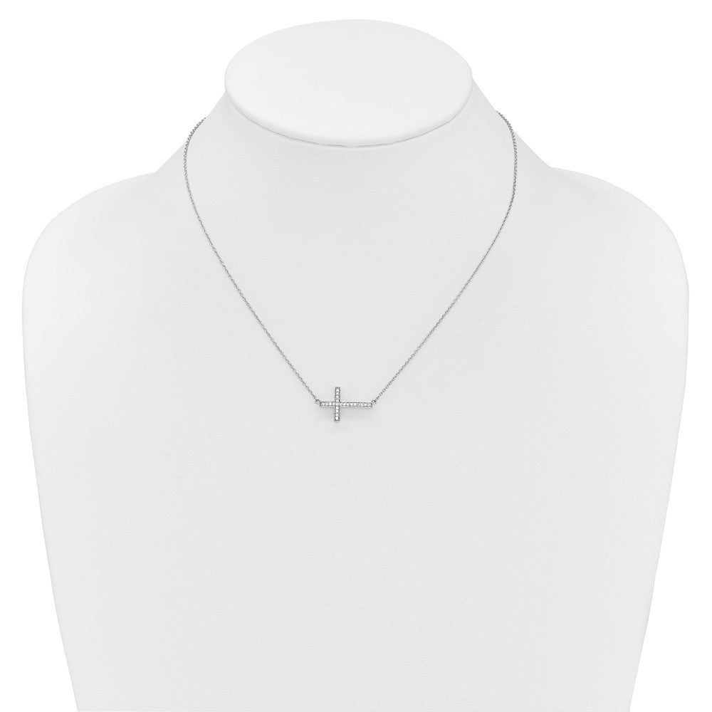 14k White Gold Diamond Sideways Cross 18in Necklace